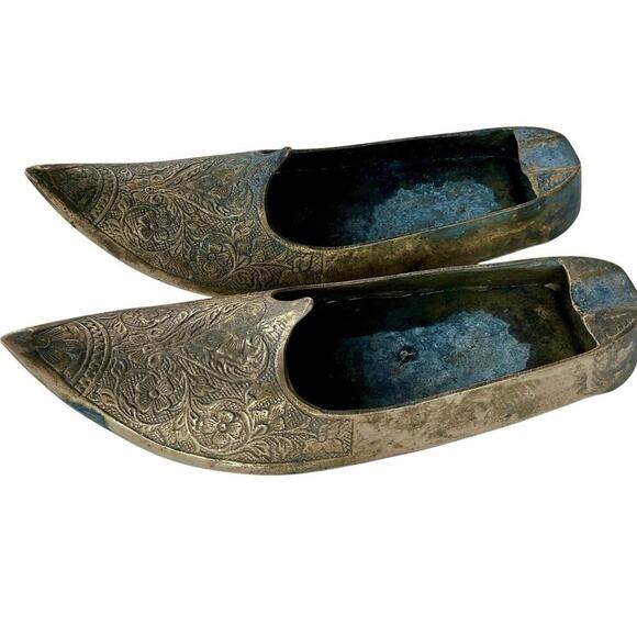 Vintage Brass Indian Khussa Slippers | Engraved Decorative Shoes | Incense Decor - Picture 1 of 3